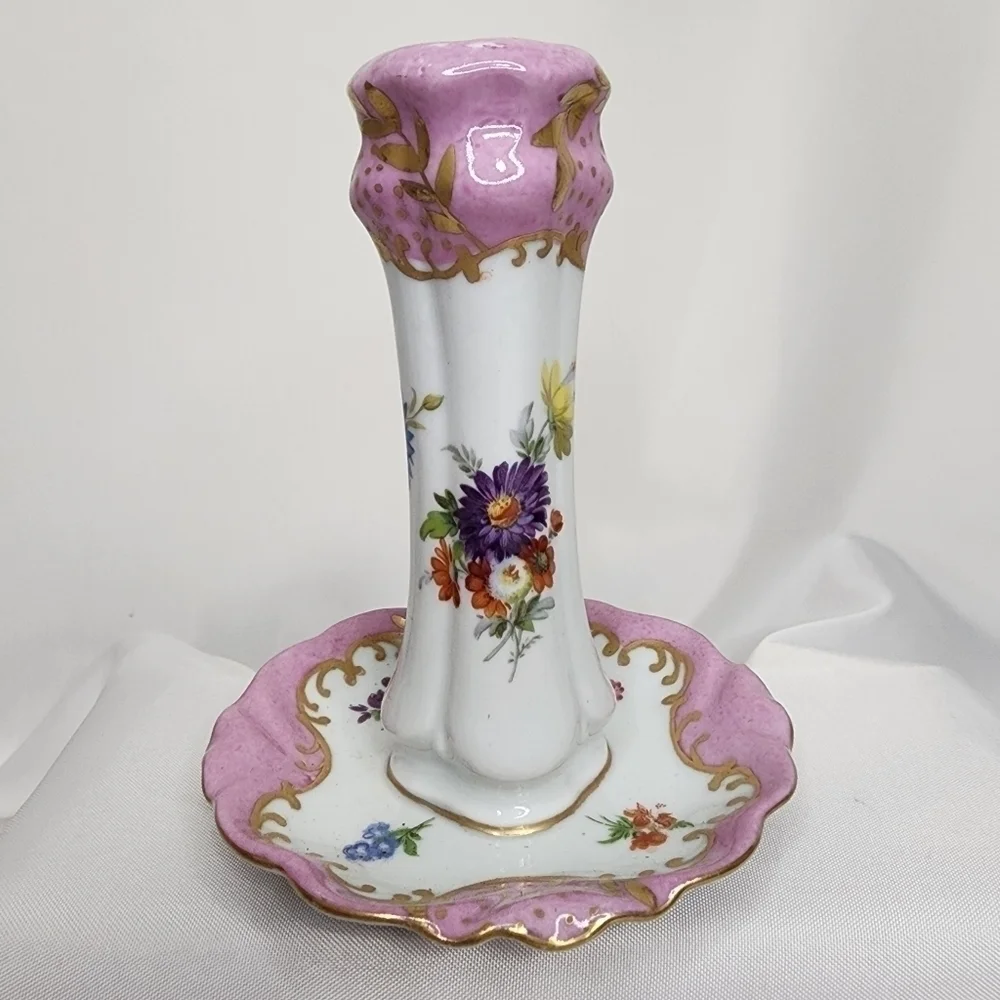 Victorian HatPin Holder Antique Paris Royal Peint ala Main Pink Floral Porcelain